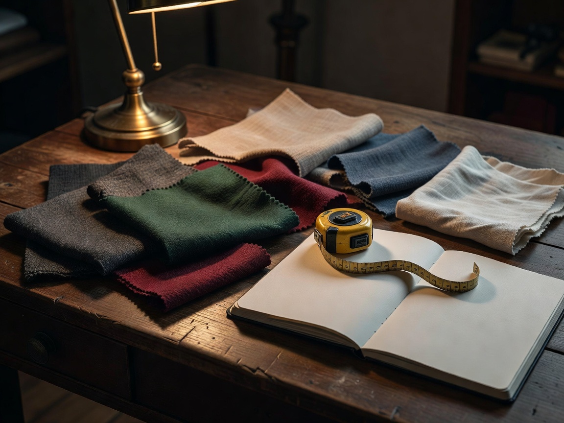 Wooden desk in low light with wool and linen fabric swatches, a tape measure and an open notebook