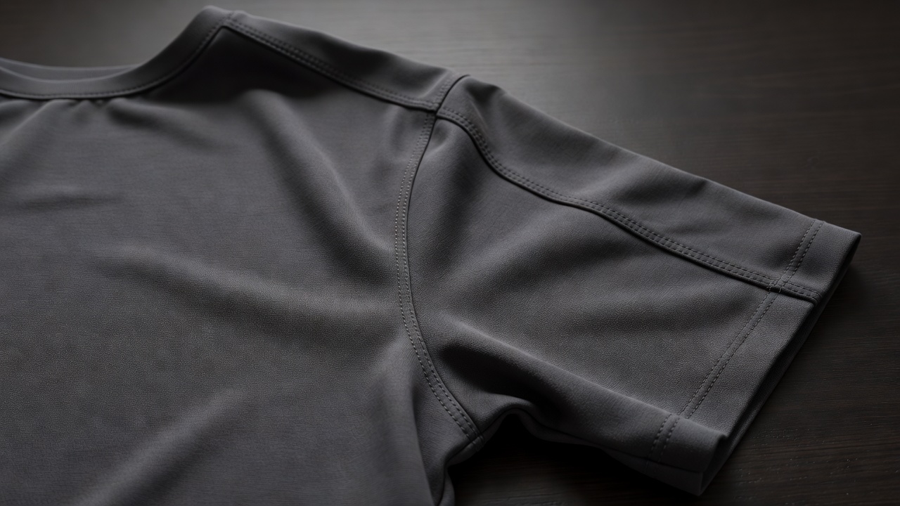 Inside of a charcoal shirt turned out on a dark table, showing narrow enclosed French seams along the shoulder and sleeve