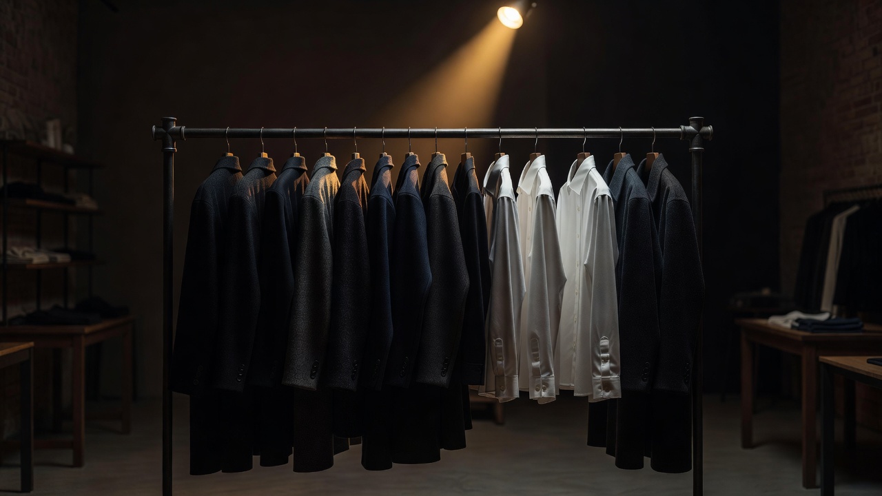 Sparse rail of dark wool coats and white shirts in an independent boutique at evening, with a single warm spotlight and deep shadows