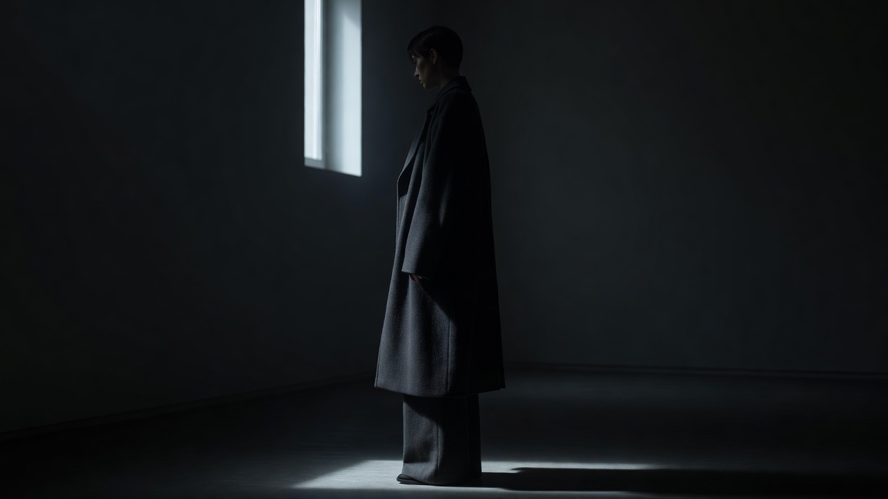 Side profile of a person in a long unstructured charcoal wool coat and wide trousers, lit by a single window in a dark room