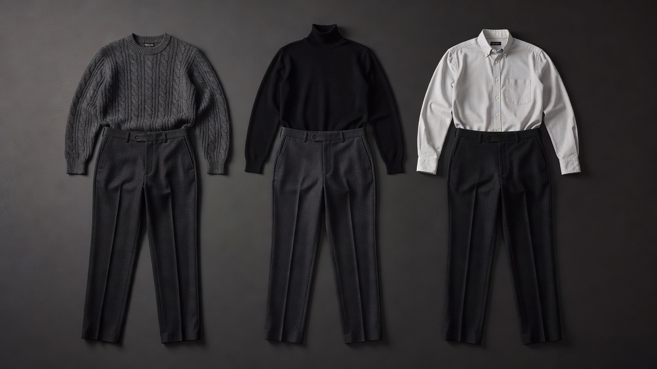 Three restrained outfits laid on a dark floor, each built around the same pair of black wool trousers with a different knit or shirt